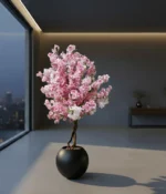 Dekorativní květinový strom TikTok 180 cm Dekorativní květináč MOON 40 × 36 cm černý – moderní kulatý květináč z fiberglassu