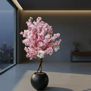 Dekorativní květinový strom TikTok 180 cm Dekorativní květináč MOON 40 × 36 cm černý – moderní kulatý květináč z fiberglassu