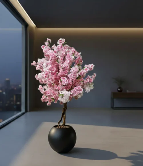 Dekorativní květinový strom TikTok 180 cm Dekorativní květináč MOON 40 × 36 cm černý – moderní kulatý květináč z fiberglassu