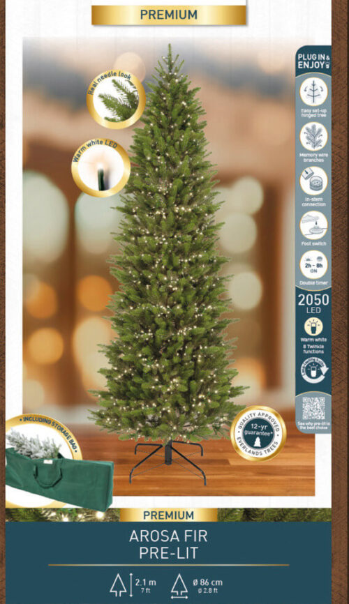 Umělý vánoční stromek Arosa slim 210 cm s LED – 100% PE, 2050 světýlek